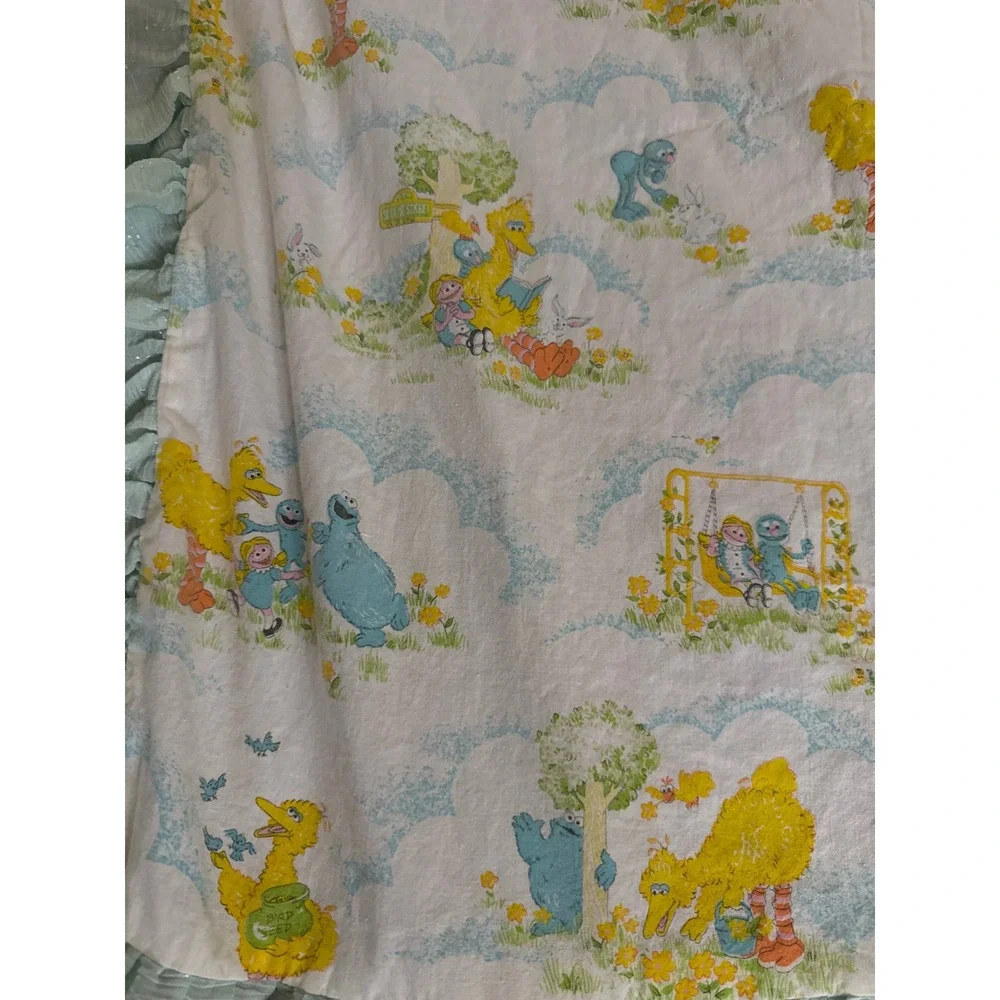 Vintage Sesame Street Muppets Baby Blanket Big Bird Cookie Monster Blue Ruffle